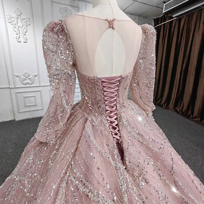 Jancember DY5660 Three Sleeve V-Neck Pearls Satin Sequined Tulle Evening Dress