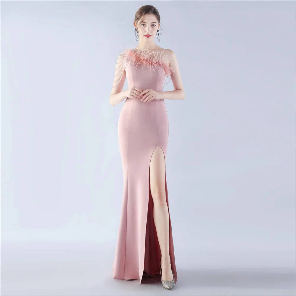 31367#2024 Craft Beaded Ostrich Hair Satin Cloth Long Evening Dress