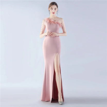 31367#2024 Craft Beaded Ostrich Hair Satin Cloth Long Evening Dress