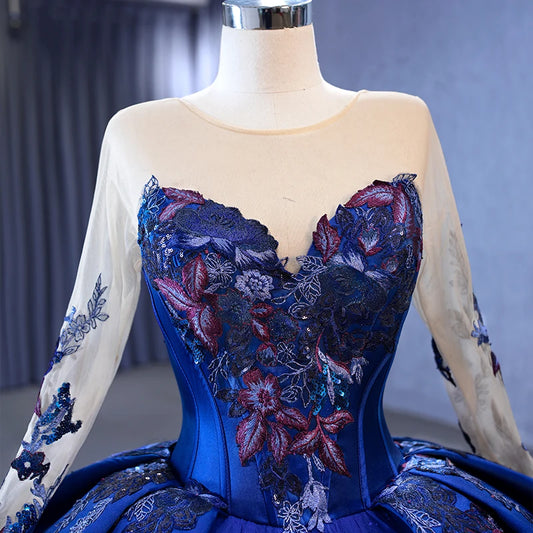 Jancember 231042 First-rate Blue Floral Print O-neck Ball Gown Sequined With Chpel Train Evening Dress