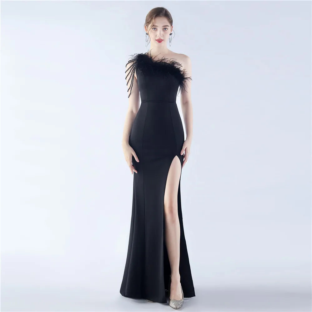 31367#2024 Craft Beaded Ostrich Hair Satin Cloth Long Evening Dress