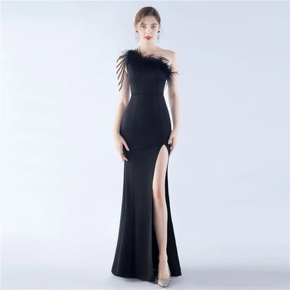 31367#2024 Craft Beaded Ostrich Hair Satin Cloth Long Evening Dress