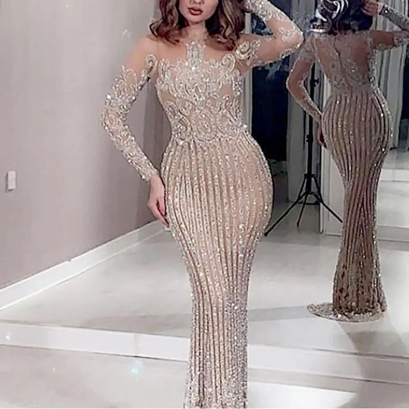 Liu Ming Latest Design Elegant Luxury Women Sexy Mesh See Through Lace Sequin Wedding Celebrity Party Evening Dress