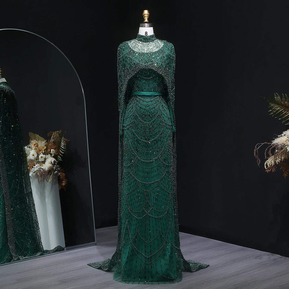 SharonSaid SS369A Dubai  Emerald Green Luxury Long Sleeves Muslim Evening Dress with Cape Women Wedding Special Occasion Gowns