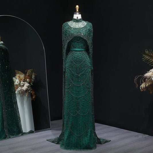 SharonSaid SS369A Dubai  Emerald Green Luxury Long Sleeves Muslim Evening Dress with Cape Women Wedding Special Occasion Gowns