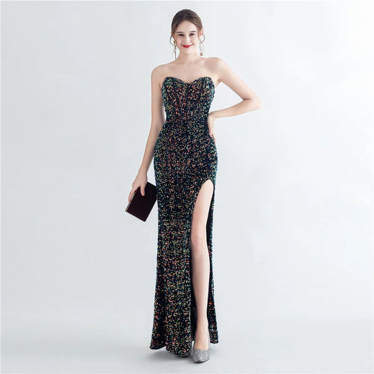 31155# New Magic Beads After Tied Rope Corset Type Side Slit With Chest Fish Bone Evening Dress