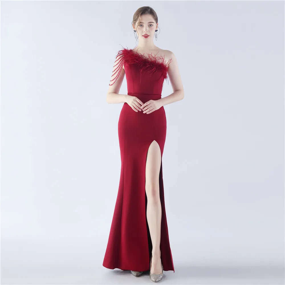 31367#2024 Craft Beaded Ostrich Hair Satin Cloth Long Evening Dress