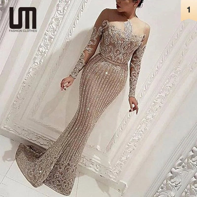 Liu Ming Latest Design Elegant Luxury Women Sexy Mesh See Through Lace Sequin Wedding Celebrity Party Evening Dress