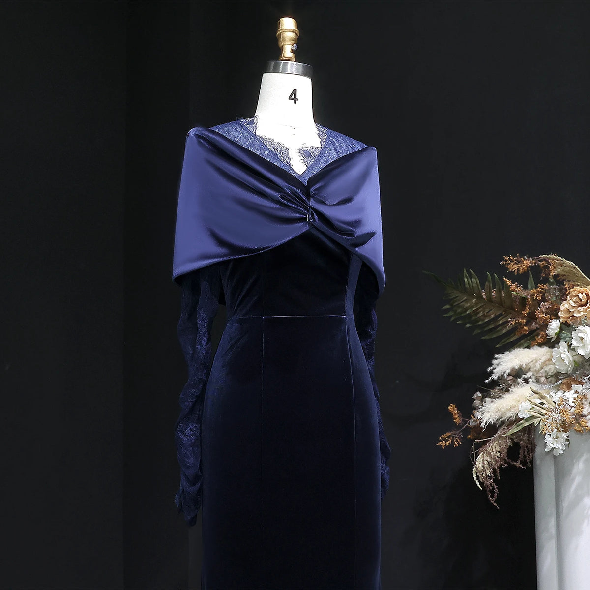 Sharon Said SF443  Elegant Navy Blue Mermaid Evening Dress Long Sleeve Off Shoulder Lace Women Wedding Party Gown