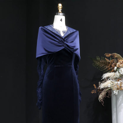 Sharon Said SF443  Elegant Navy Blue Mermaid Evening Dress Long Sleeve Off Shoulder Lace Women Wedding Party Gown