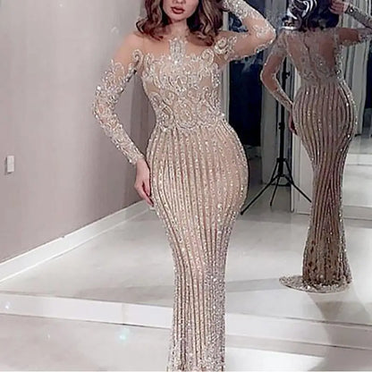 Liu Ming Latest Design Elegant Luxury Women Sexy Mesh See Through Lace Sequin Wedding Celebrity Party Evening Dress