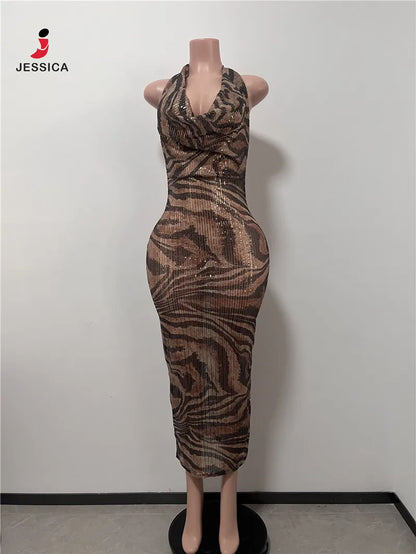 L0868-wholesale Elegant Leopard Sequin Drape v Neck Slim Fit Maxi Dress for Women Party Evening Dress