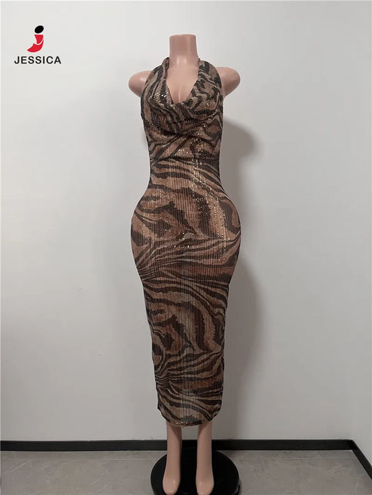 L0868-wholesale Elegant Leopard Sequin Drape v Neck Slim Fit Maxi Dress for Women Party Evening Dress