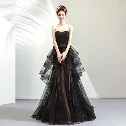 New Style Strapless Black Sexy See Through Lace Elegant Maxi Evening Dress for Women Party Wear