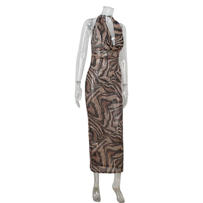 L0868-wholesale Elegant Leopard Sequin Drape v Neck Slim Fit Maxi Dress for Women Party Evening Dress