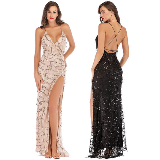 Women Sequin Deep V-neck Party Dresses High Split Spaghetti Strap Long Gowns Women Evening Dress