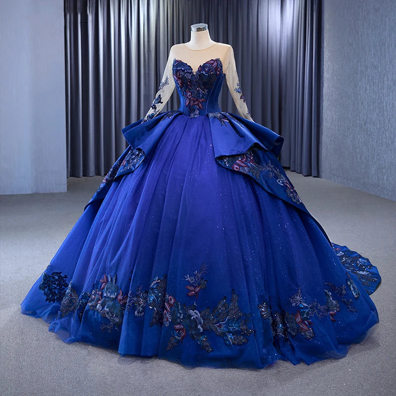 Jancember 231042 First-rate Blue Floral Print O-neck Ball Gown Sequined With Chpel Train Evening Dress