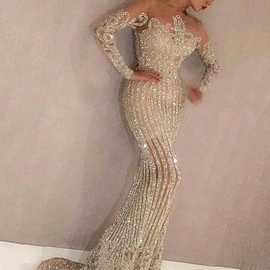 Liu Ming Latest Design Elegant Luxury Women Sexy Mesh See Through Lace Sequin Wedding Celebrity Party Evening Dress