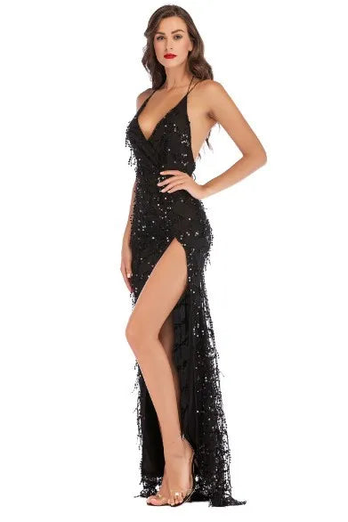 Women Sequin Deep V-neck Party Dresses High Split Spaghetti Strap Long Gowns Women Evening Dress