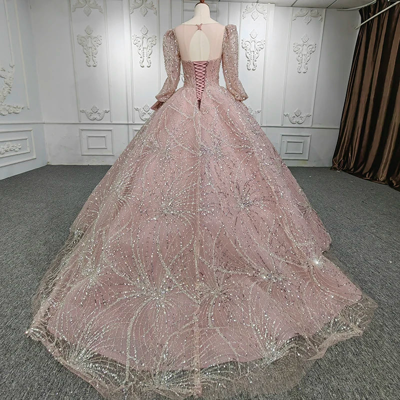 Jancember DY5660 Three Sleeve V-Neck Pearls Satin Sequined Tulle Evening Dress
