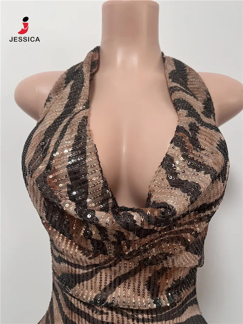 L0868-wholesale Elegant Leopard Sequin Drape v Neck Slim Fit Maxi Dress for Women Party Evening Dress