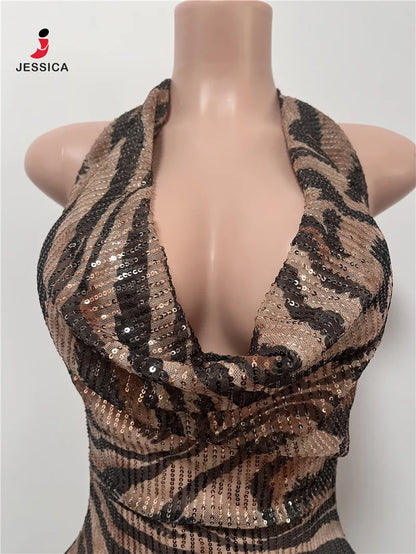 L0868-wholesale Elegant Leopard Sequin Drape v Neck Slim Fit Maxi Dress for Women Party Evening Dress