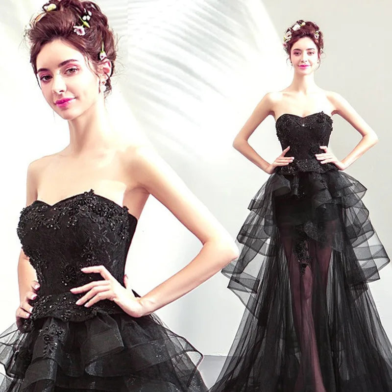 New Style Strapless Black Sexy See Through Lace Elegant Maxi Evening Dress for Women Party Wear