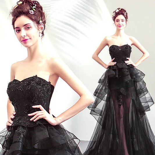 New Style Strapless Black Sexy See Through Lace Elegant Maxi Evening Dress for Women Party Wear