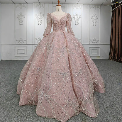 Jancember DY5660 Three Sleeve V-Neck Pearls Satin Sequined Tulle Evening Dress