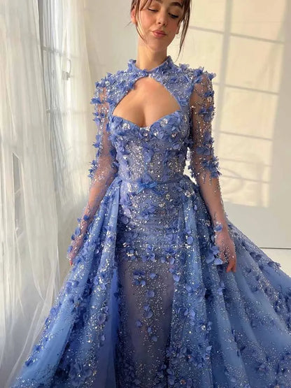 Luxurious Women's Evening Dresses 2025 Lace Sheath/Column Prom Dress Blue High Collar Hollow Lace-up Tailing Applique Party Gown