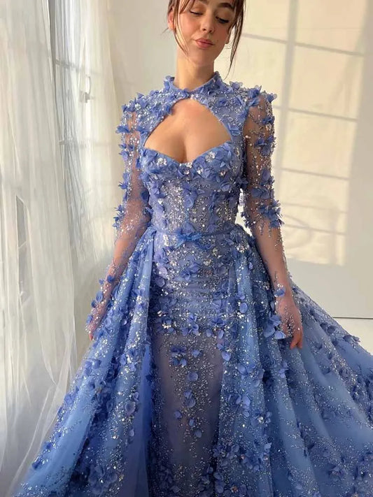 Luxurious Women's Evening Dresses 2025 Lace Sheath/Column Prom Dress Blue High Collar Hollow Lace-up Tailing Applique Party Gown