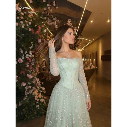Lorrtta Tulle Off The Shoulder Green Ball Gown Princess Prom Dress Elegant Mint Hue Off-Shoulder Sweetheart Sequined Customized