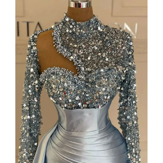 Shiny Sequined Mermaid Evening Dresses High Neck Shoulder Party Gown Hollowed Out Side Train Sleeve African robe Customized