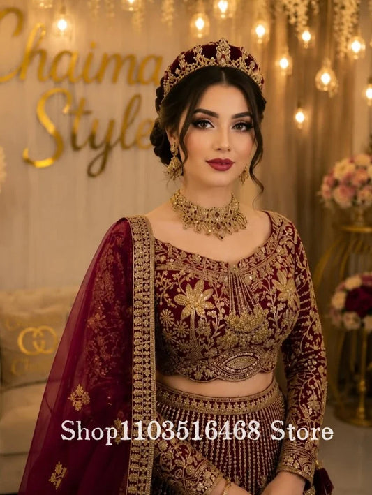 Gorgeous Burgundy Indian Sari Customized Traditional Pakistani Bridal Gown Ethnic Wedding Dress Evening Gown Formal Occasion2026