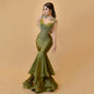 Customzied Tiered Ruffle Green Mermaid Floor Length Dinner Party Dresses with Fashion Appliques Satin Saudi Arabia Prom Gowns