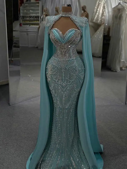 Lake Blue Sweetheart Neck Mermaid Prom Dresses with Cape Long Sleeve Customized Formal Crystals Beaded Wedding Evening Gala Gown