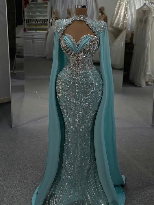Lake Blue Sweetheart Neck Mermaid Prom Dresses with Cape Long Sleeve Customized Formal Crystals Beaded Wedding Evening Gala Gown