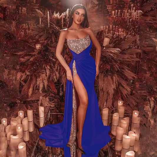 Women’s Luxury Sequins Evening Dress Sexy Off-Shoulder Tube Top Sleeveless Patchwork High Split Party Wedding Dresses Vestidos