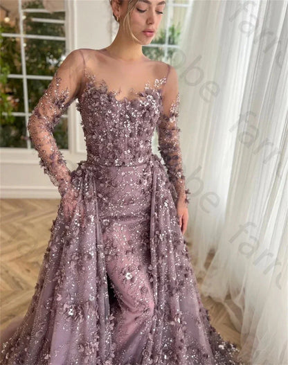 Customized 3D Appliques Intricate Sparkle Jewel Ball Gown Celebrity Flower Paillette/Sequins Floor Length Skirts Organza Evening