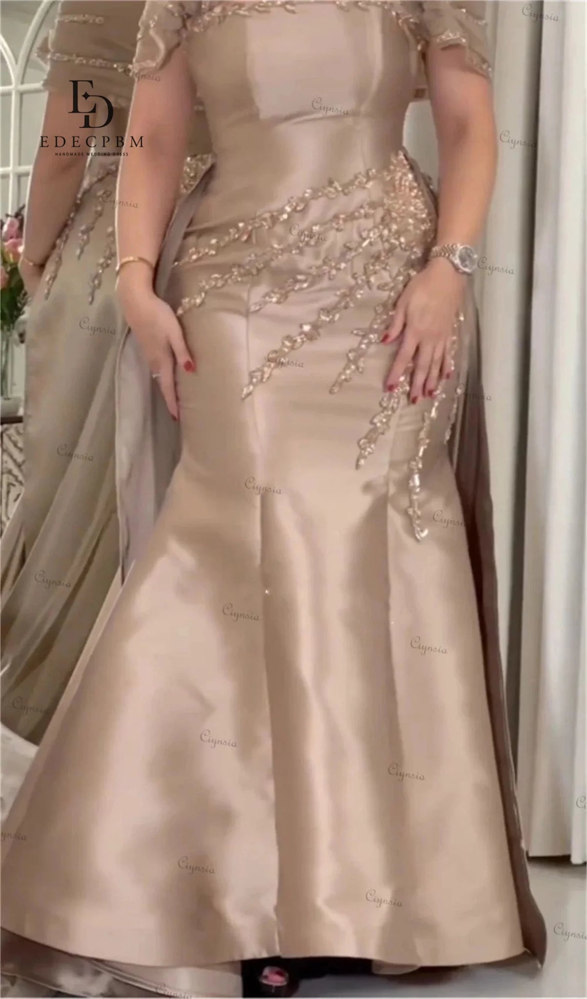 EDECPBM Customized Saudi Women's Evening Dresses for Special Occasions Champagne Satin Prom Dresses 2025 Beads Party Luxurious