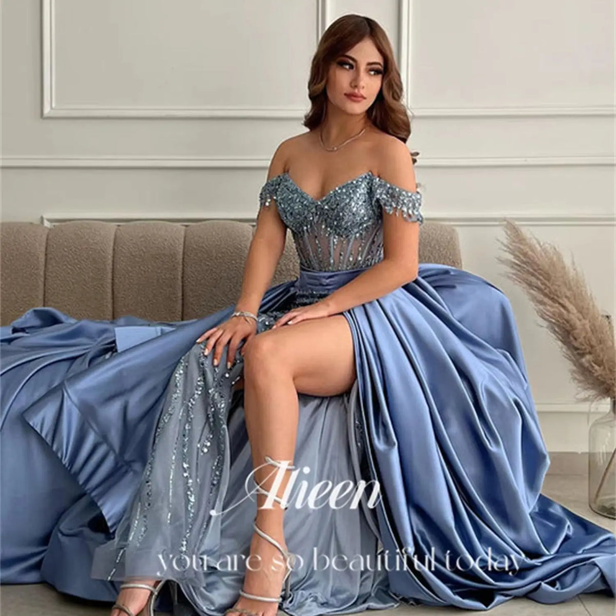 Off the Shoulders Mermaid Gray Blue Beads Dresses for Dancing Parties High Quality Luxury Dress Customized Women Elegant Party