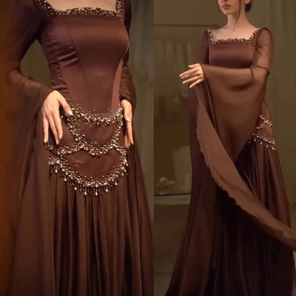 Brown Arabian Evening Dresses Square Neck Long Sleeve Beaded A Line Luxury Party Dress Floor Length Prom Gown Customized
