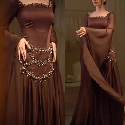 Brown Arabian Evening Dresses Square Neck Long Sleeve Beaded A Line Luxury Party Dress Floor Length Prom Gown Customized