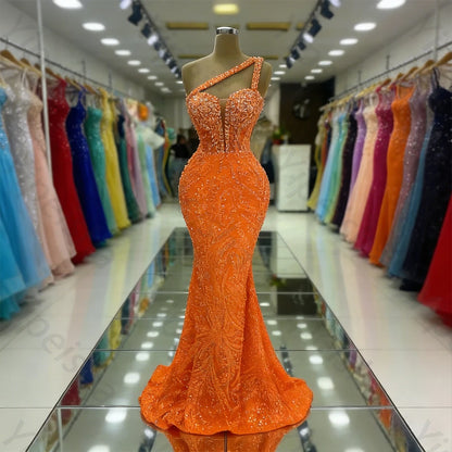 Customized Exquisite Evening Dresses Gorgeous Dazzling One Shoulder Backless Fishtail Gown Beading Long Dress Formal Party Gowns