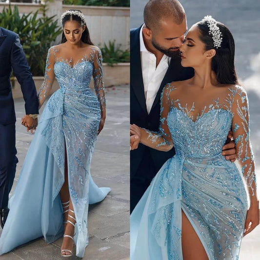 Dubai Arab Luxury Beaded Mermaid Evening Dress Light Blue Long Tube Wedding Party Skirt Side Split Prom Dresses Customized