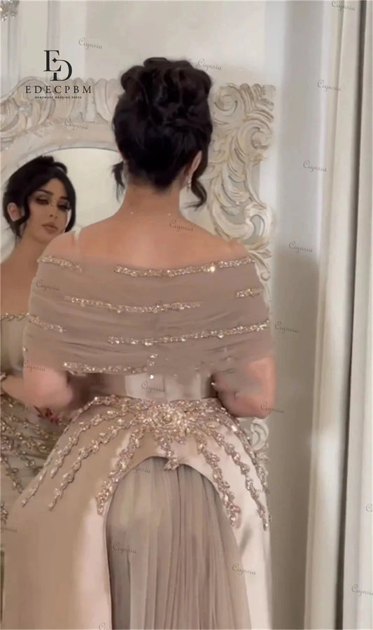 EDECPBM Customized Saudi Women's Evening Dresses for Special Occasions Champagne Satin Prom Dresses 2025 Beads Party Luxurious