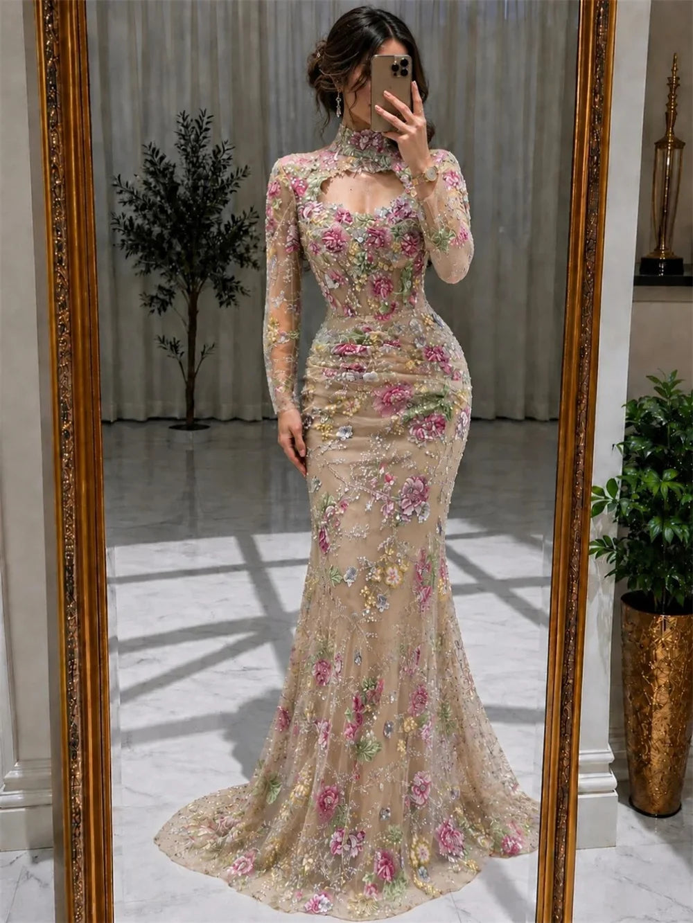 Lorrtta Tulle Sweetheart champagne Mermaid Evening Dress Formal Romantic Premium Designer Beautiful Flowers 2026 Customized