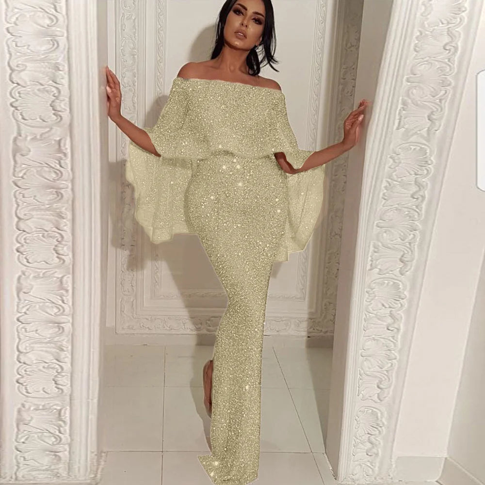 New Blingbling Backless Gown with Large Puffy Sleeve One Shoulder Wrap around Skirt Evening Dress Women's Fashion