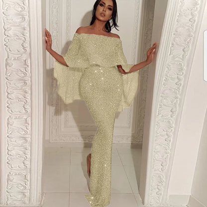 New Blingbling Backless Gown with Large Puffy Sleeve One Shoulder Wrap around Skirt Evening Dress Women's Fashion
