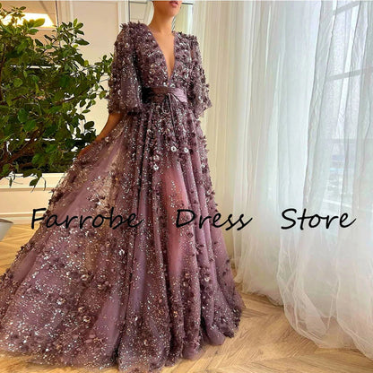 Romantic Birthday Party Dresses Lace A-line Prom Dress Purple V-neck Applique Belt Ruched Sequined Women Evening Dress Long 2025